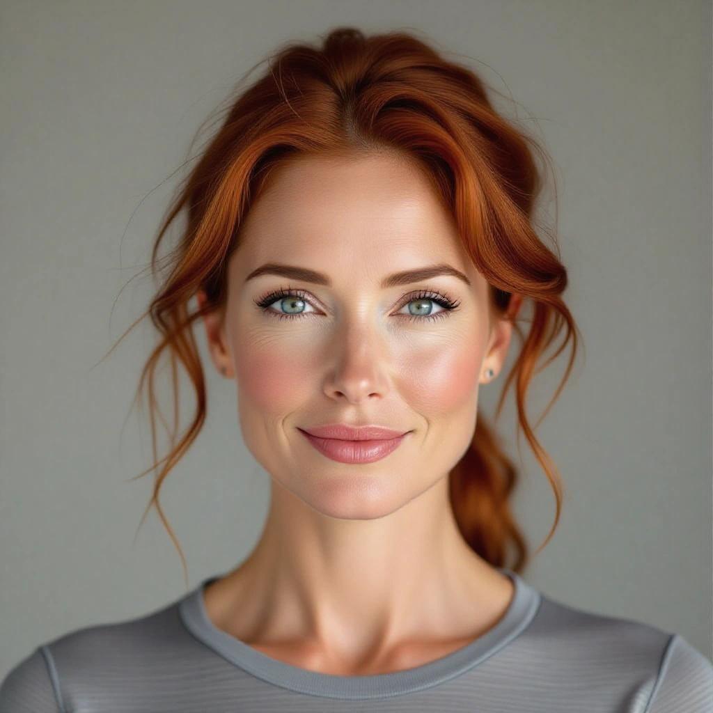 Photorealistic headshot showcasing a mature woman with red hair and blue eyes. Full lips and natural skin texture with subtle smile lines. Dressed in a gray bodysuit, lit with even studio lighting. High-resolution image focused sharply on her face.