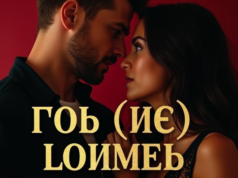 Close-up of a man and woman in a romantic pose. The man is fair-skinned with short dark hair and a beard, wearing a dark jacket and light shirt. The woman has long dark hair, wearing a dark lace-patterned dress. They look at each other with tender expressions, heads close together. The background is deep red. The image suggests intimacy. Title in gold letters is in the foreground, overlapping the couple.
