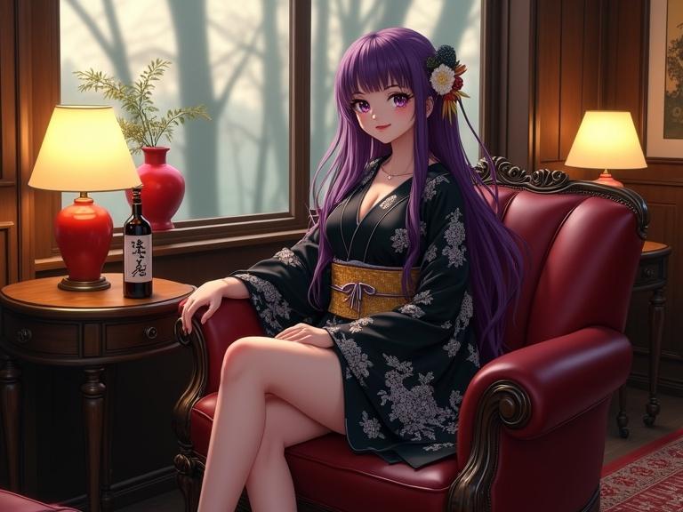 Image of a beautiful lady in a luxurious retro lounge. She sits elegantly on a vintage leather sofa. Hair is striking violet. Dressed in a traditional black kimono with white floral designs. Features reminiscent of a popular anime character. A gold obi belt accents her outfit. The setting includes warm lighting and classic jazz ambiance. Decorated with antique lamps and wooden furniture. One arm is on the armrest; the other touches a table with a Japanese alcohol bottle.
