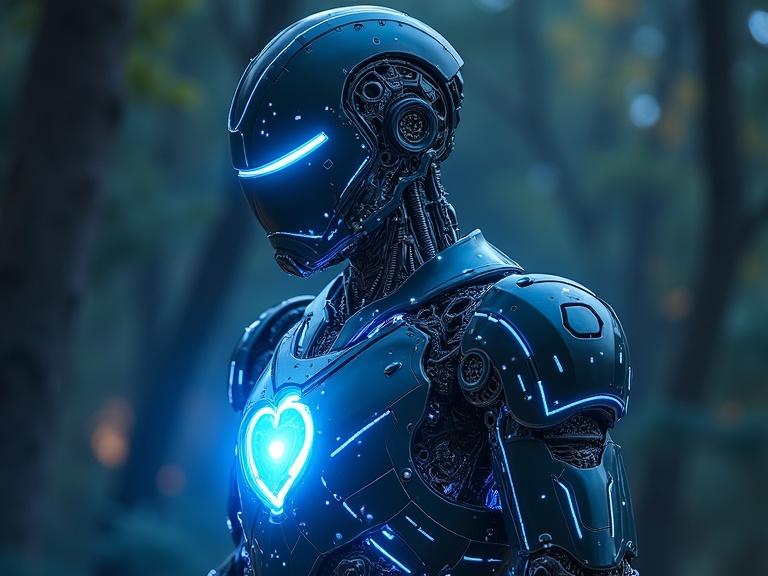 A humanoid robot with intricate armor. The armor has glowing blue circuits emanating from its heart. The setting is a natural environment with soft lighting.