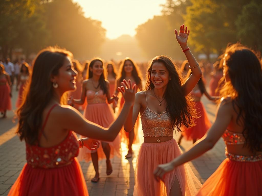 Aerial photograph of young women dancing in a public park at golden hour. The women wear shiny dresses and smile up at the camera. The scene is vibrant and captures the excitement of a cultural celebration. The sunlight creates a soft glow with god rays.