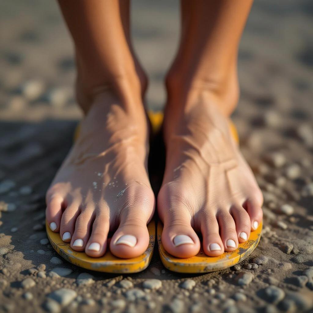 Close-up of a pair of feet on yellow flip-flops. Feet show signs of wear including roughness and calloused heels. Natural setting emphasizes casual lifestyle.