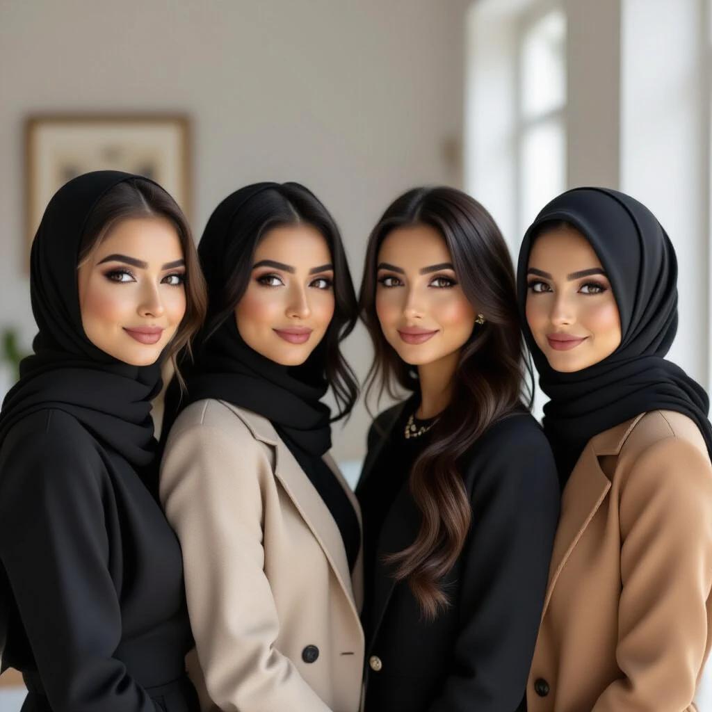 Image shows a diverse group of four Muslim women teachers. They have varying hairstyles, dark skin, large almond-shaped dark brown eyes, and thick eyebrows. Dressed in modern Western fashion, they stand together in an indoor setting.