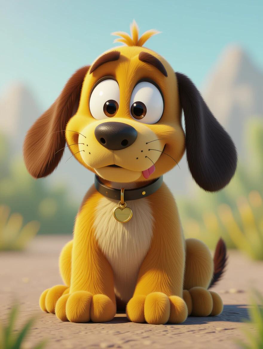 A cheerful cartoon dog sits in a bright outdoor scene. The dog has a distinct golden-yellow coat with brown ears and a playful expression. Round eyes and a wagging tongue convey happiness. A heart-shaped collar adds charm. The background features soft-focus vegetation and mountains, creating a whimsical atmosphere.