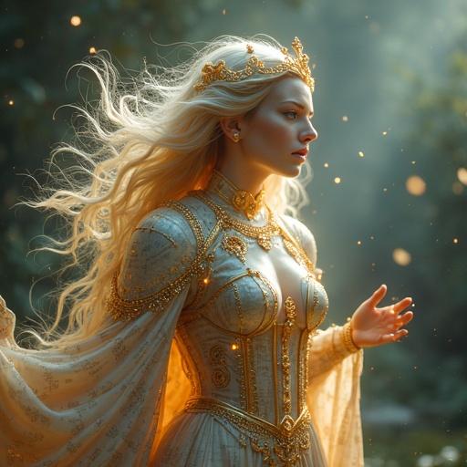 A goddess of renewal emerges from sorted recyclable waste. She has a crown made of PET bottles. Her robes are made from enchanted scrolls of newspaper. Her armor is made of cardboard and glowing threads. She floats in a glow of reclaimed energy. Eyes reflect wisdom and sorrow.