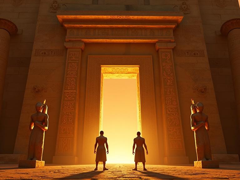 Medium shot of a massive ancient stone gate open. Engraved hieroglyphs glow under firelight. Two bronze-armored guards stand still. Temple entrance glows. Papyrus-topped columns frame the shot. Pharaonic setting. Ultra-realistic lighting. Dusty golden atmosphere.