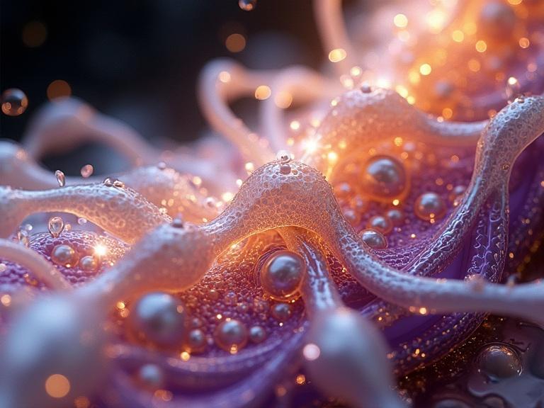 Digitally rendered abstract art with ornate shapes and embellishments. Dominated by cool whites, pale purples, warm golds, and dark browns. Features flowing organic forms with bulbous shapes connected by tendrils. Lighting highlights intricate textures, creates a depth effect. Dark background contrasts colorful, embellished forms.