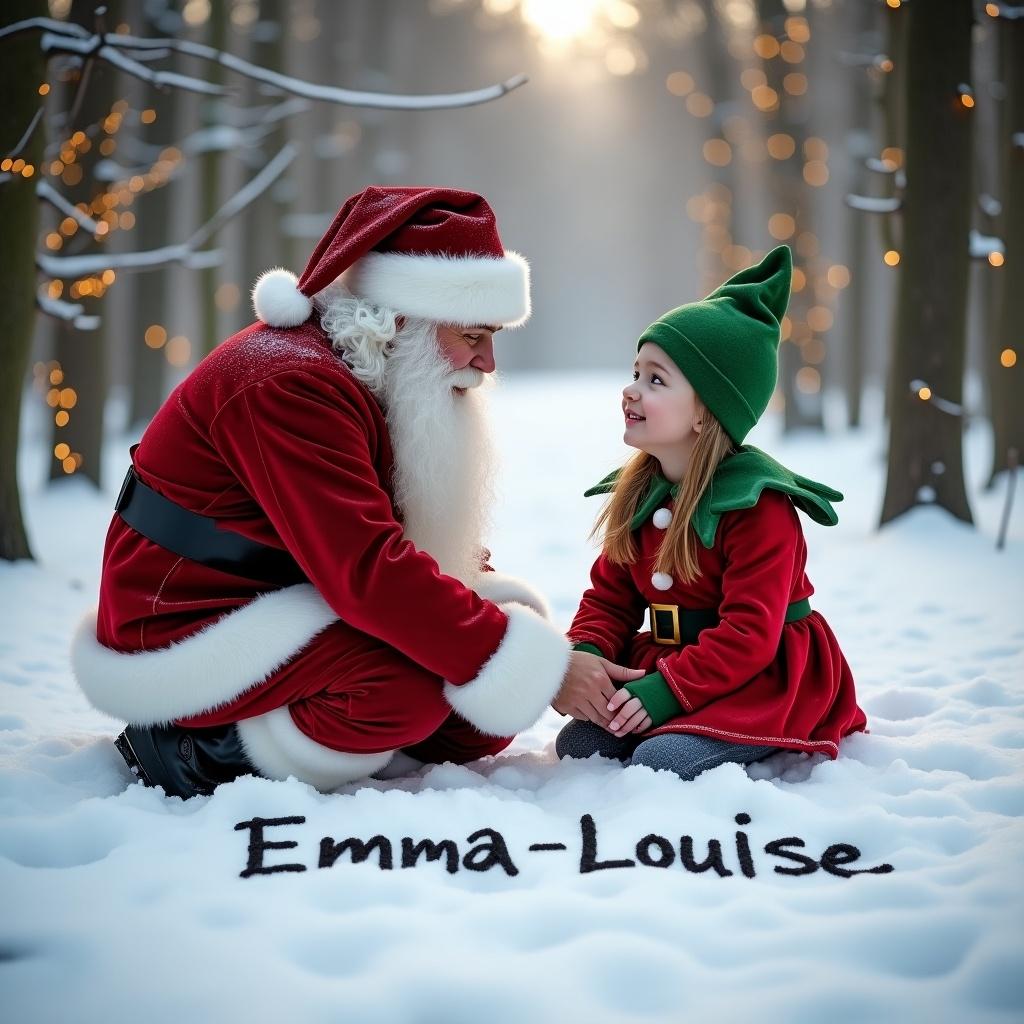 In a snowy woodland area, Santa Claus kneels beside a girl dressed as an elf. They are writing Emma-Louise in the thick snow. Snowflakes fall softly. Trees sparkle with warm lights. The child looks up at Santa with excitement. Red and green outfits create a festive atmosphere.