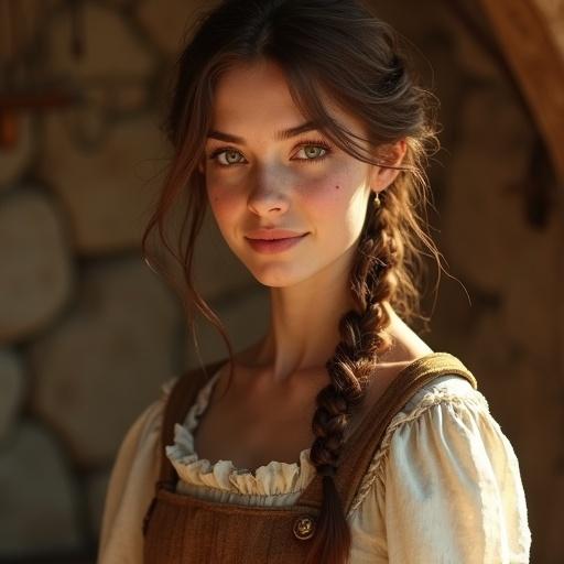 A young woman in a medieval fantasy setting. She has warm brown eyes and a gentle smile. Long chestnut hair, loosely styled. She wears a modest dress with earthy tones. Set in a cozy rustic cottage with warm light.
