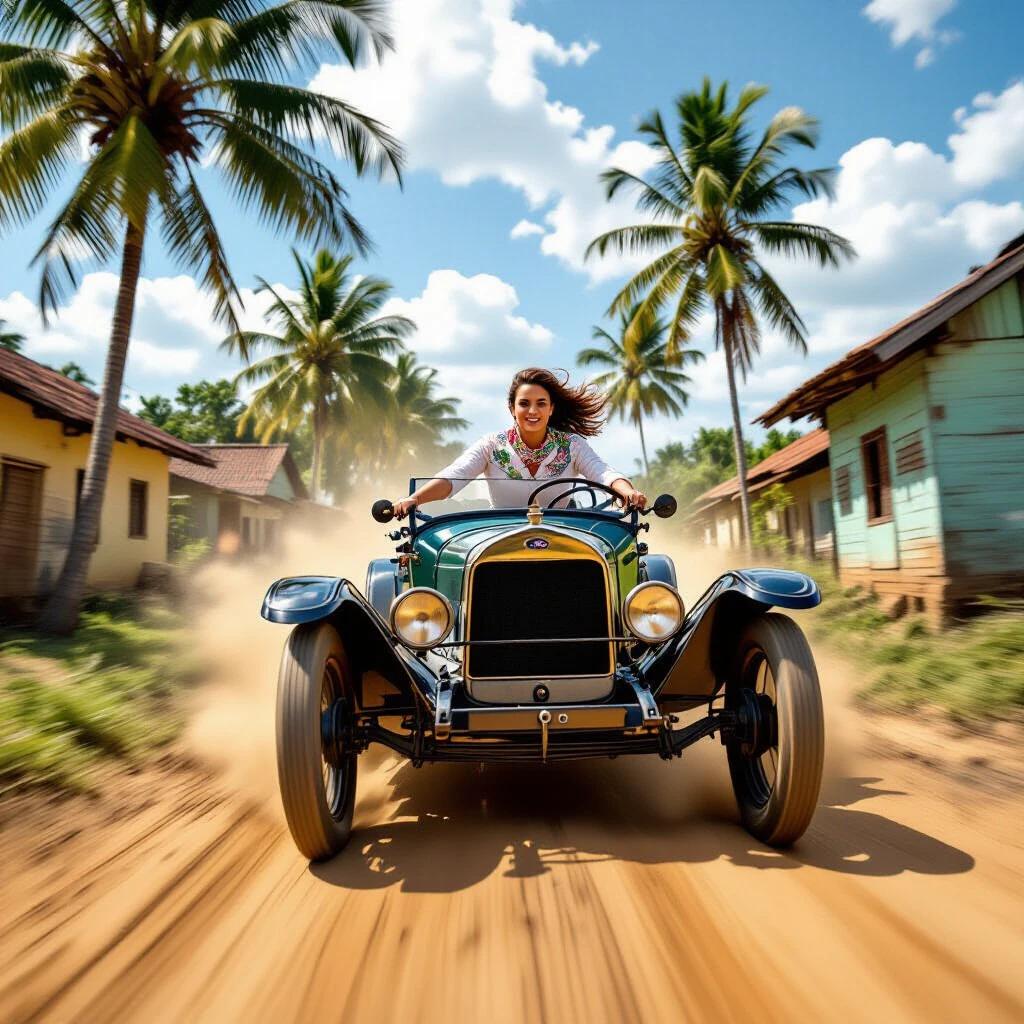 Dynamic action shot of a vintage Ford Model T speeding on a dusty Cuban rural road. The scene shows a determined driver leaning forward with palm trees and wooden houses in the background. The photo captures swirling dust clouds and motion effects from spinning wheels, taken from a low-angle perspective.