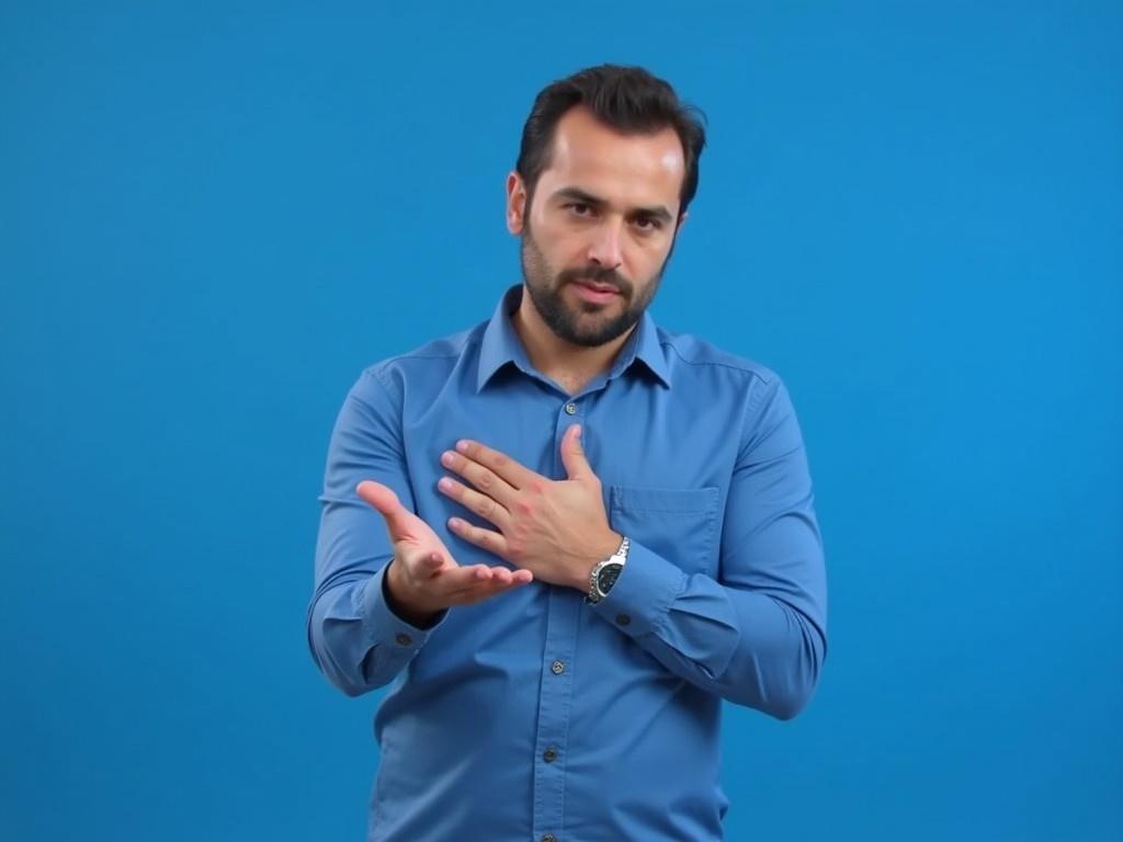 The image features a man wearing a long-sleeve blue shirt. He stands against a solid blue background. His left hand is placed on his chest, while he appears to be making a motion with his palm. The gesture seems to indicate a circular motion or action. The facial features of the man are intentionally obscured to maintain anonymity.