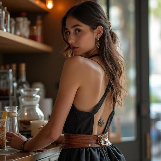 Elegant woman working at a café. She wears a glowing crystal pendant. A crescent moon ear cuff adorns her ear. A leather belt holds glass vials filled with stardust. A floating quill feather and a magical pocket watch rest by her side. A small living magic stone in her apron pocket. Her aura feels enchanting as if time slows around her.