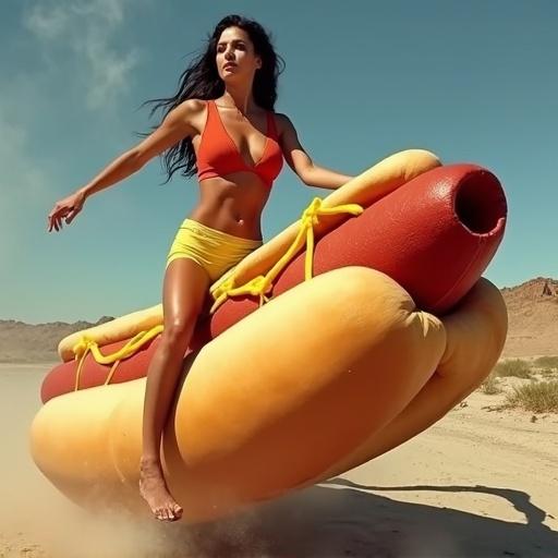 Create an image of a woman riding a giant hot dog in a desert setting. The hot dog is styled as a Chicago-style hot dog with toppings. The woman wears a bikini and has a playful expression.