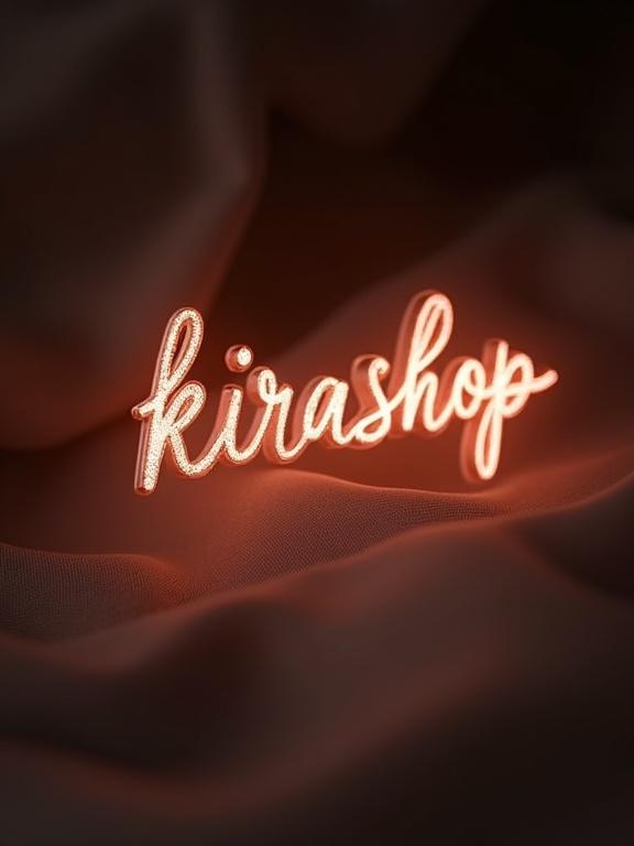 A high-resolution image featuring the text 'kirashop' in an elegant script typeface. The text has a translucent texture, resembling fine silk with a warm blush color. The text appears against a backdrop of deep shadows with a soft, intimate glow, conveying a sense of fragility and allure.
