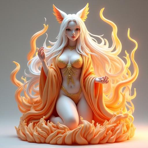 Female figure inspired by Ninetales. Majestic woman with luminous skin and long white hair. She has pointy fox ears and wears a kimono with gold and orange flames. Nine silky tails flow harmoniously. Serene expression powerful yet delicate pose. Base made of sculpted flames and stones.