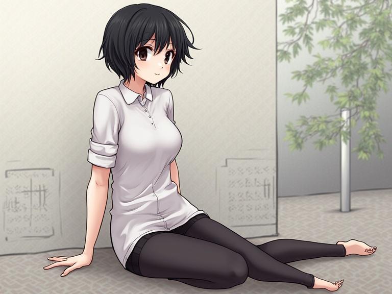 Anime character sitting on the floor in a casual outfit. Illustration has soft colors and a natural background. Character has short black hair and a cute expression. Portrayal in a relaxed pose.