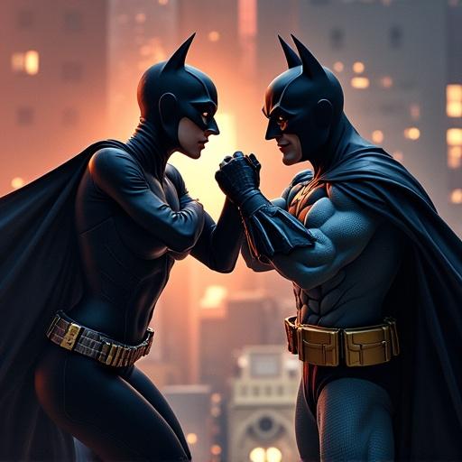 Batman and Catwoman engaged in a fierce fist fight in an urban setting. Dynamic poses and intense expressions capture the action. The scene is illuminated by dramatic orange backlighting with a city skyline visible behind them.