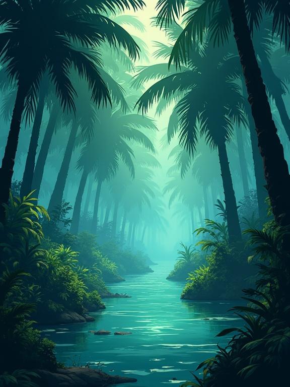 Wallpaper style image for a medium sized phone showing an empty tropical swamp with a tranquil river, inspired by Studio Ghibli aesthetic. No vegetation, people, animals, ghosts or characters. The image is in 2D.