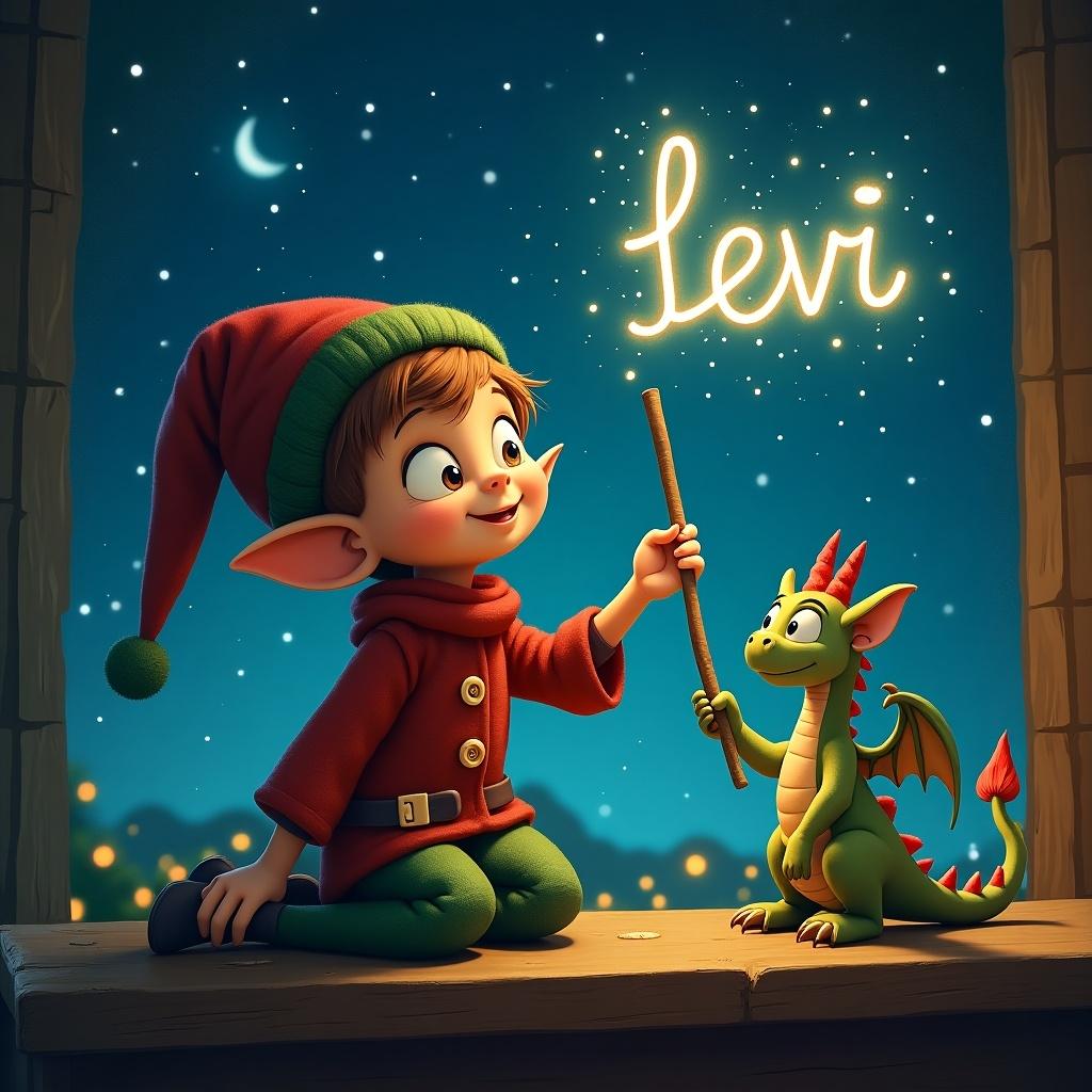 Whimsical elf on the shelf with a pet dragon writing in the night sky with a magic wand