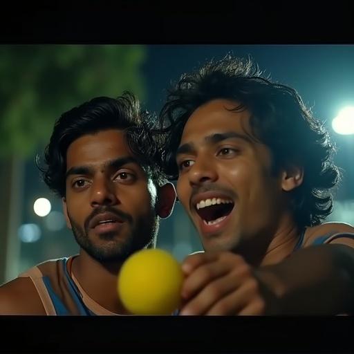 Two young men experience joy of winning a game at night. Close-ups show their intense emotions during competitive moments. Background features nighttime ambience with subtle lighting.