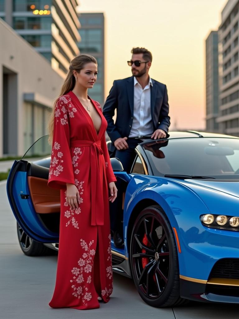 A woman stands gracefully in a red floral robe. A man steps out of a blue Bugatti wearing a business suit and sunglasses. The Bugatti door is open. Modern buildings gleam in the evening light.