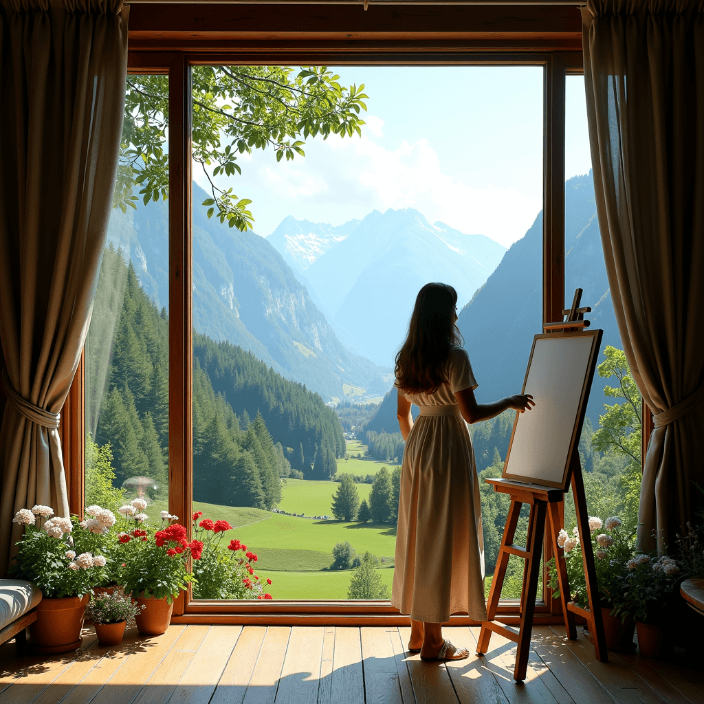 A woman stands with an easel in a room overlooking a breathtaking mountainous landscape.