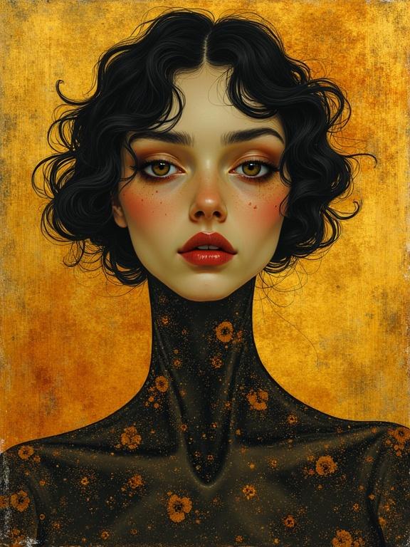 A stunning and detailed portrait of a figure with a textured background. The figure has curly hair and a serious expression with wide-open eyes. The background features abstract patterns with warm amber and gold tones. The overall style is inspired by Klimt with an ethereal quality. High resolution and sharp imagery.