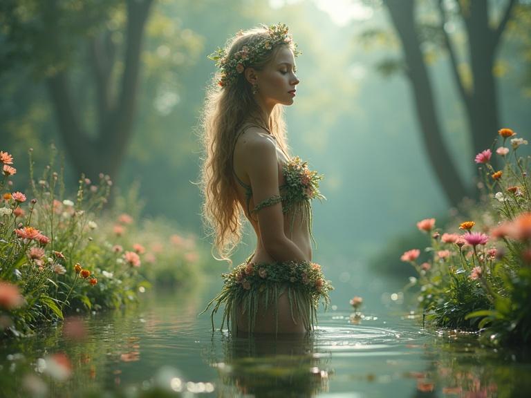 Fantasy scene featuring a beautiful nymph adorned with flowers. The nymph stands waist-deep in a lake surrounded by a mystical meadow. The art style is cinematic and enchanting.
