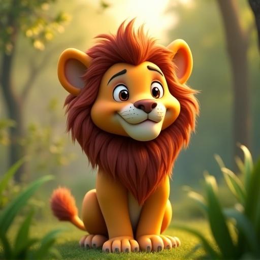 Cartoon lion with a happy face in a jungle setting. Realistic 3D style suitable for children.