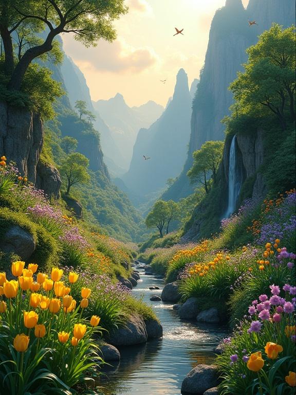 Valley scene filled with vibrant colors and lush vegetation. A stream flows through a deep valley with towering cliffs. Sunlight filters through trees and flowers bloom. The sky is warm with soft clouds and birds fly above.