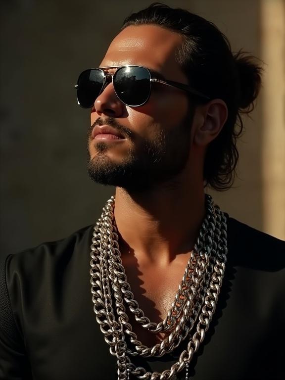 Cinematic portrayal of a cartel leader wearing sunglasses and chains. The lighting enhances a dramatic effect. The man exudes a menacing vibe.