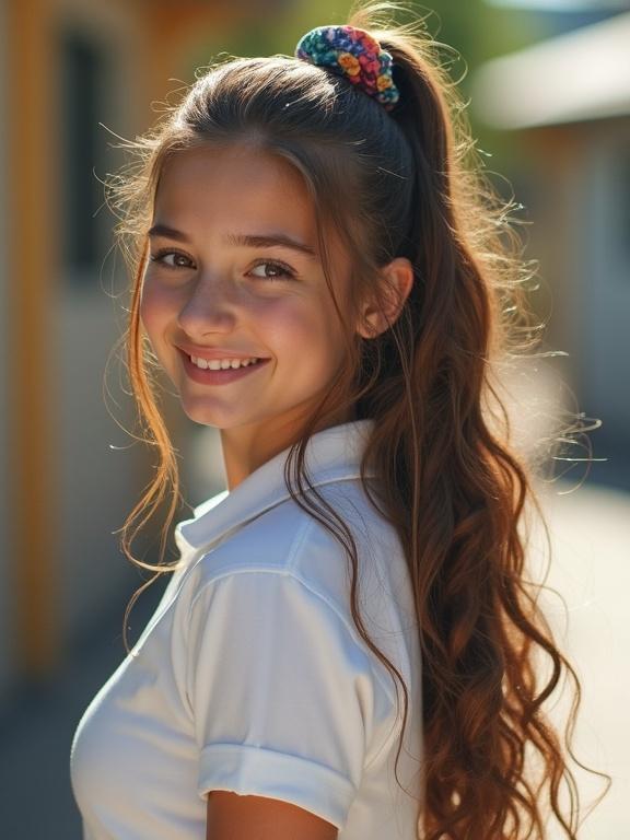Teen girl with long wavy chestnut hair in a messy ponytail. She has hazel eyes and a smile. Wears a tight white blouse and pleated skirt. Low resolution with pixelation. Bright and unnatural colors. Appears youthful and attractive.
