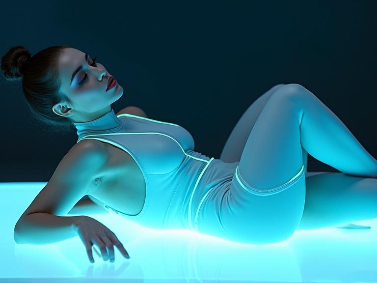 Photograph of a futuristic woman reclining on a glowing surface. Woman has slender athletic build and wears a form-fitting bodysuit with luminous accents. Background is deep blue with cool tones. Styling is polished and sleek.