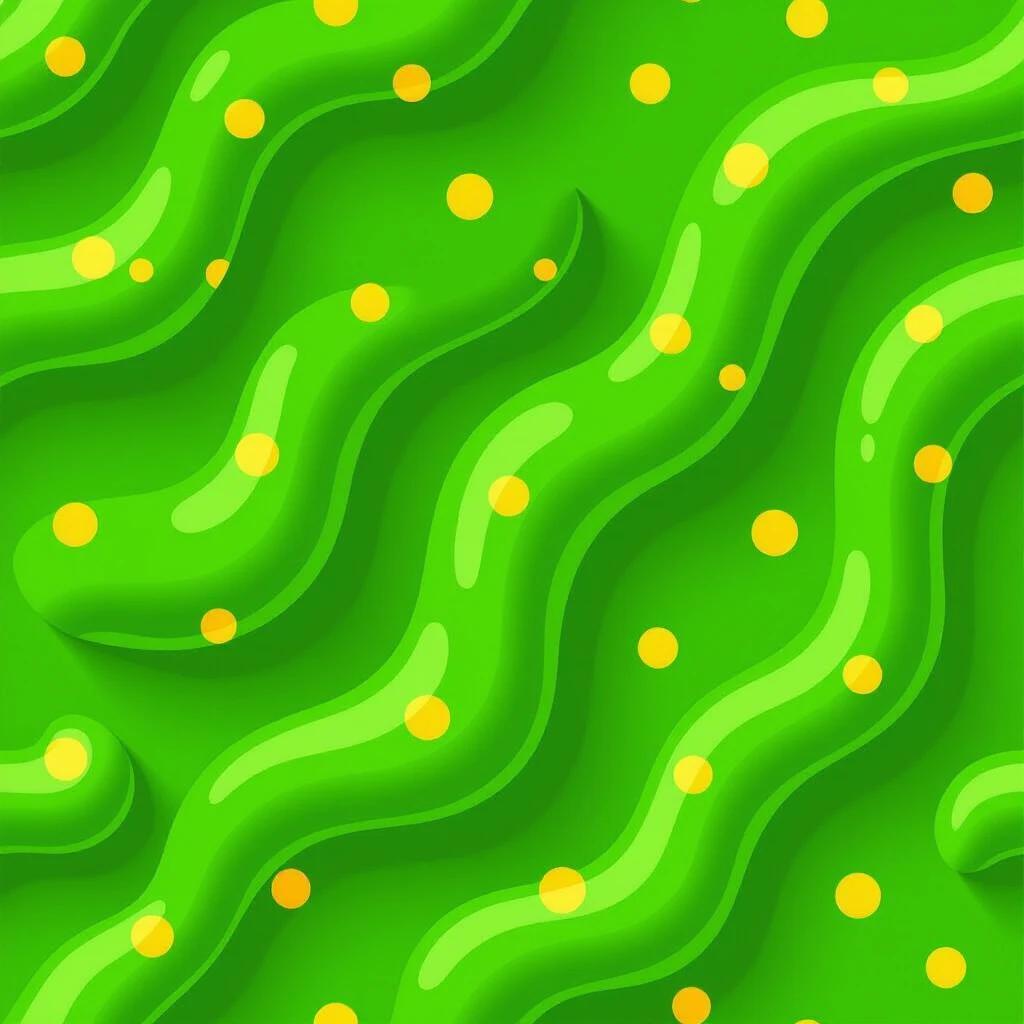 Flat green slime texture with uniform bright green color and evenly spaced small yellow dots. Seamless pattern in smooth and flat 2D style. Suitable for game backgrounds or UI textures.