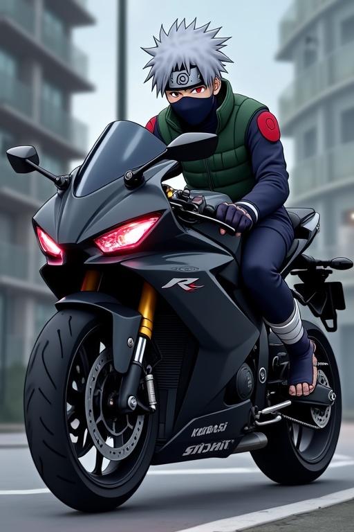 An illustration of Kakashi Hatake riding a black sport motorcycle. The motorcycle has a streamlined design. The background includes modern buildings. Kakashi is recognizable without showing his face.