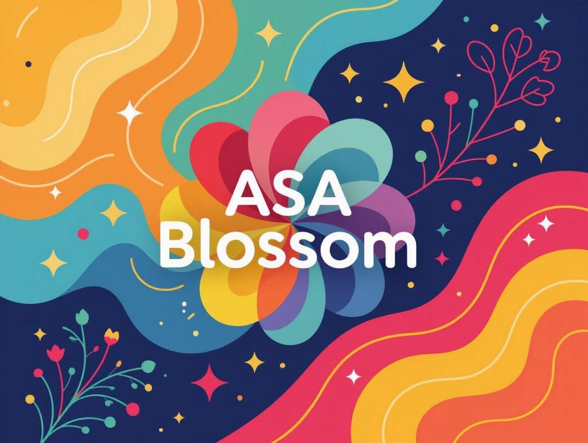 Logo design featuring ASA BLOSSOM. One line text. Playful tone with magical surreal aesthetics. Incorporates vivid colors in a vibrant background. Floral and wavy elements surrounding the text.