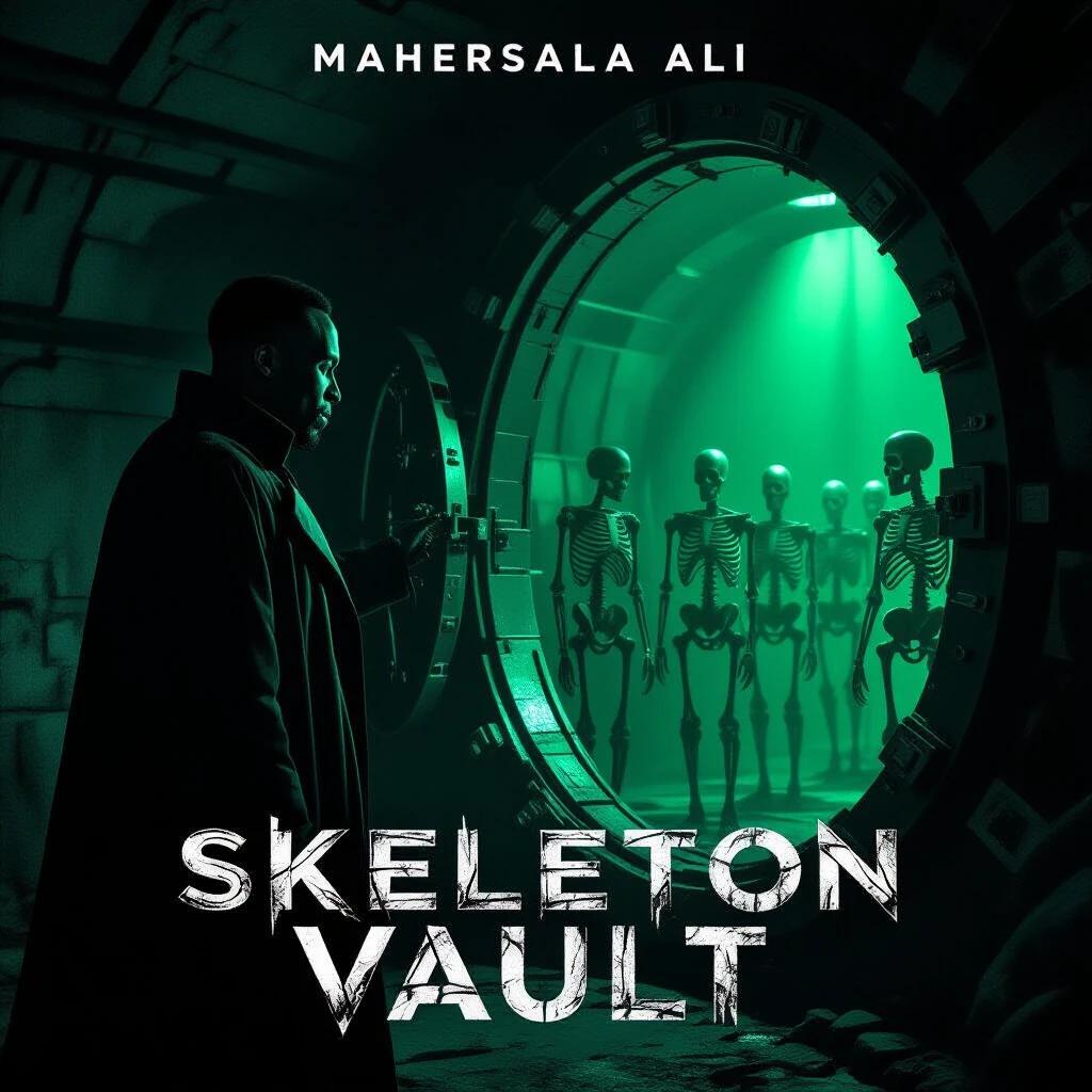 Mahershala Ali stands before a cryptic vault door under torchlight. Vault reveals rows of skeletal cyber-soldiers. Green glow illuminates from inside. Title is etched in fractured metal serif style. Dark sci-fi aesthetic. 5K resolution.