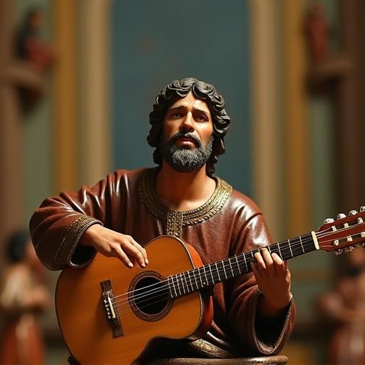 Miniature representation of Christian music with a man in traditional attire playing guitar. Scene includes warm colors and an emotional expression of worship.