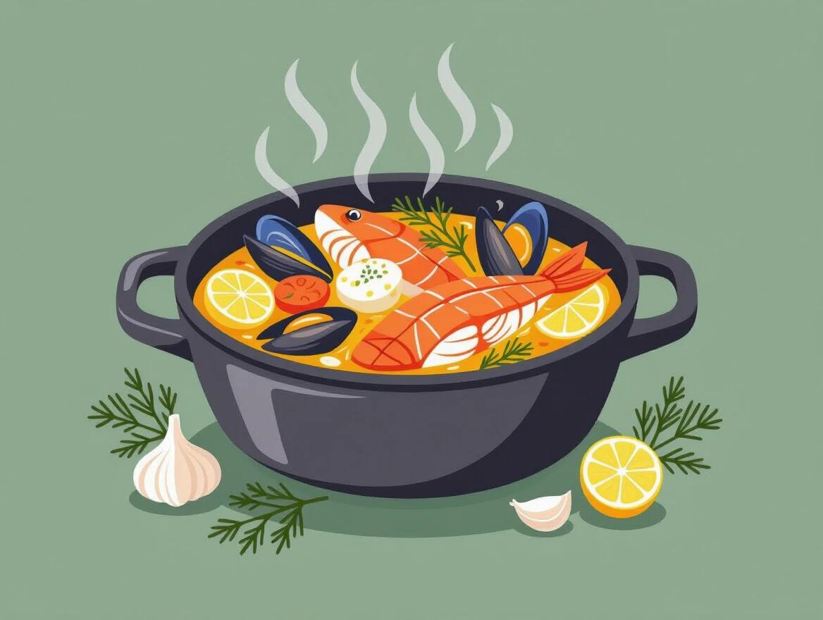 Illustration of a traditional Provençal fish stew with saffron and fennel. Includes fresh Mediterranean seafood and aromatic herbs. Flat cartoon style with geometric shapes and rounded edges. Solid color background with plain ingredients.