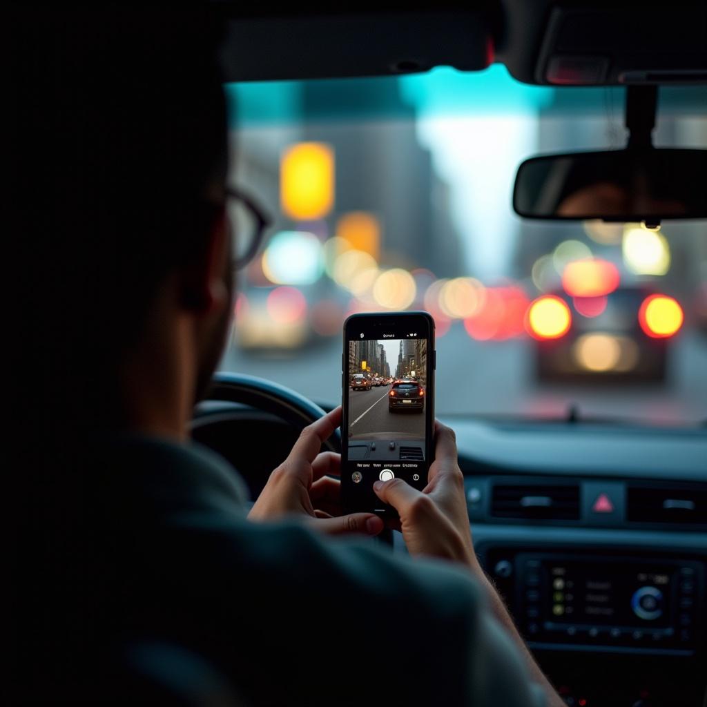 Taxi driver uses smartphone while driving. City environment with blurred lights in the background. Focus on the phone's screen displaying street scene.