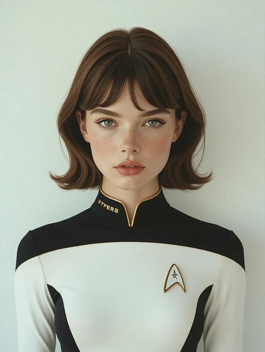 A hyperrealistic female figure inspired by Star Trek. She has pale skin, long white hair, and light blue eyes. The attire is a tight black and white bodysuit with a classic Star Trek emblem. The expression is shy and sensual. The scene is dramatically lit and filmed from a low angle.