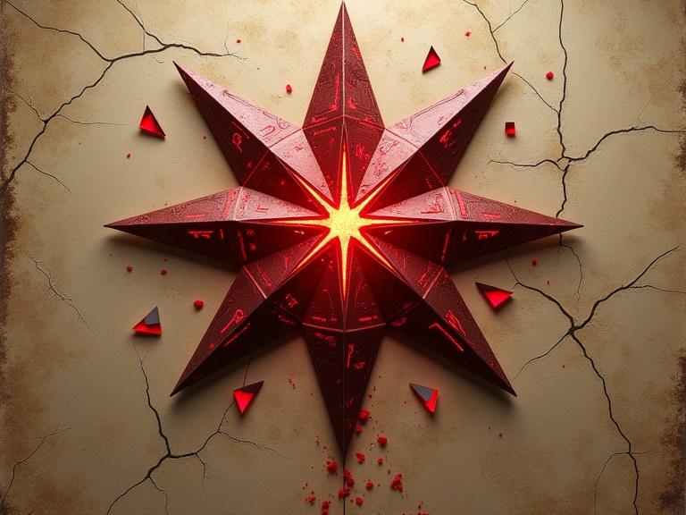 A striking eight-pointed star is at the center. It is sharp and metallic with a crimson surface. The star has glowing glyphs etched into it. Smaller fragmented stars are scattered across the background. The background appears cracked like parchment. The colors contrast between blood red and faded beige. Lighting is directional and creates dramatic shadows.