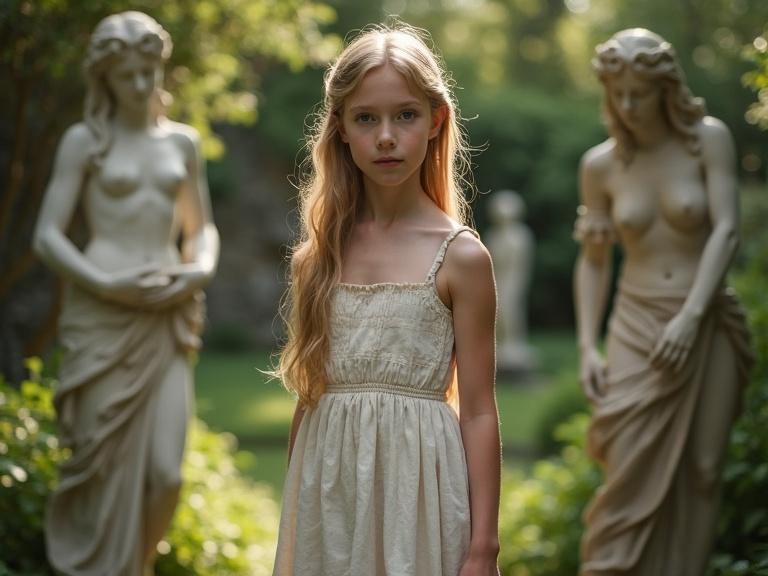 14 year old blonde blue eyed girl in an ancient Roman garden surrounded by statues of Aphrodite and a satyr. Wearing a tiny short linen dress. Captured from a distance of 15 meters with high resolution.