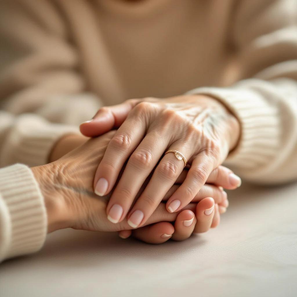 Close-up of a young hand gently holding an old wrinkled hand. Symbolizes support and trust between generations. Soft natural lighting creates an emotional atmosphere. Suitable for occupational therapy.