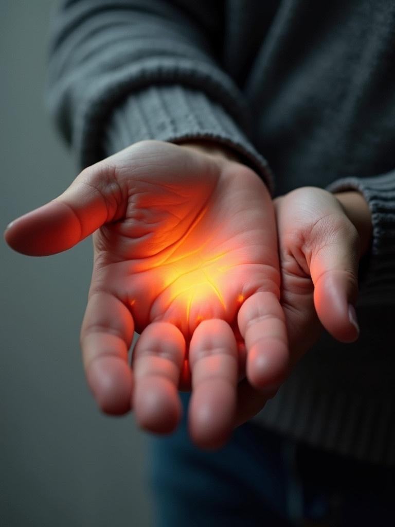 Image shows hands with orange light in the palm indicating arthritis. Focus on hands and light symbolizing healing.