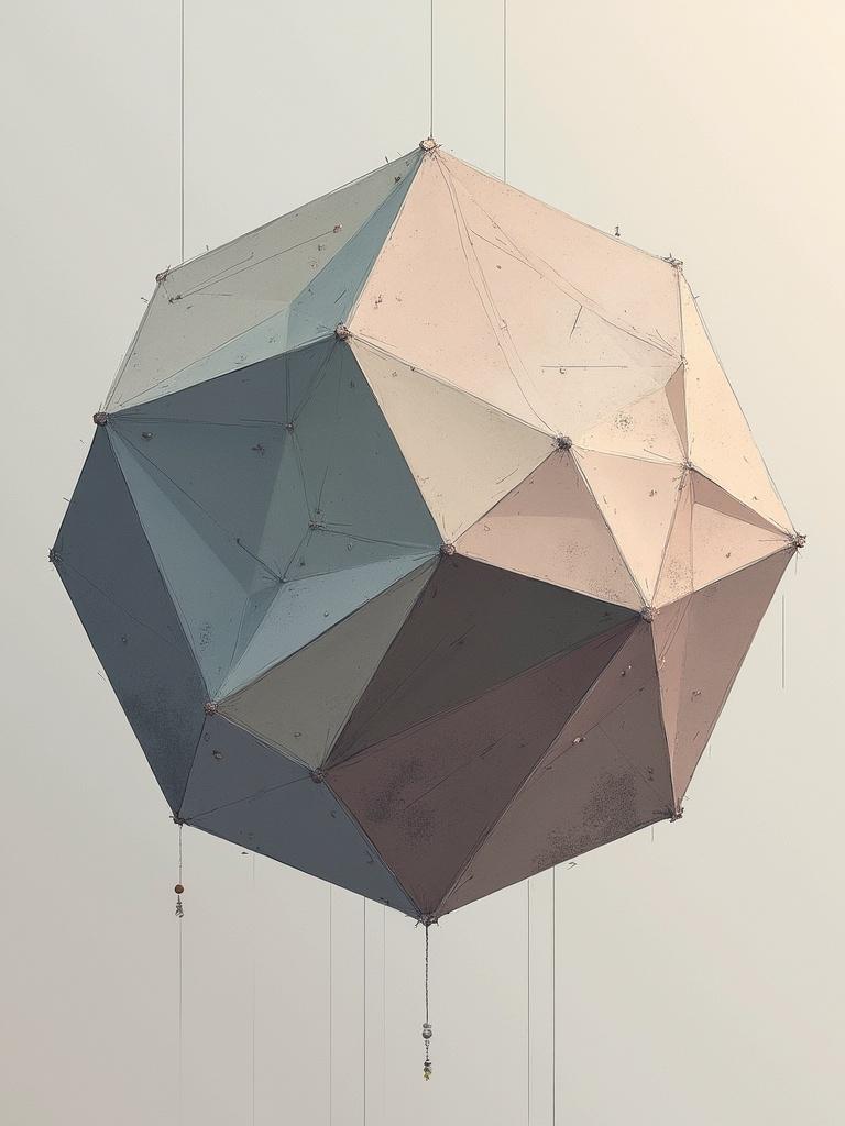 An intricate irregular polygon structure suspended in mid-air. The design features a combination of muted blue, pink, and gray tones. The polygons have a textured surface and are connected by thin wires. Background is simple and enhances focus on the structure.