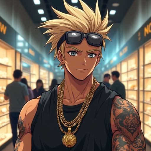 Anime character in a jewelry shop. Man with spiky light brown hair and silver eyes. Wearing sunglasses and expensive hip-hop jewelry. Athletic build with tattoos. Dressed in stylish streetwear. Background shows jewelry displays. Bustling atmosphere in a boutique setting. Spring daytime in Ginza.