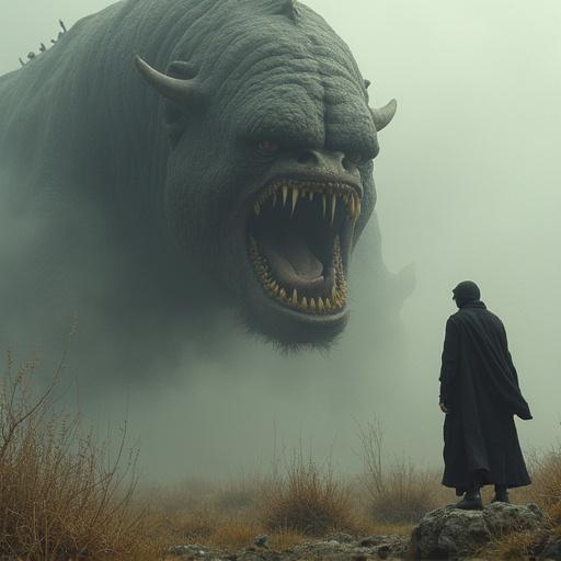 Giant creature attacking a human in a dramatic landscape. A human figure stands in front of a roaring giant monster. Atmosphere is dark with hints of menace. Creature has sharp teeth and a fearsome appearance. Environments include ominous clouds.