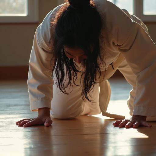 Close up of a kneeling female karate fighter with upper body leaned forward. Elbows touch the floor. She appears hurt and is suffering. Black hair clings to damp skin. She wears a karate gi. Sunlight reflects on the dojo floor.