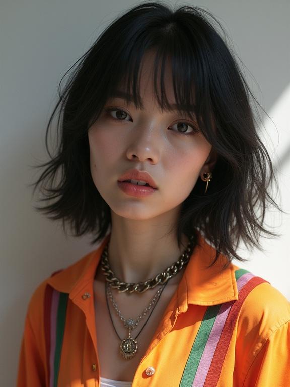 A hyperrealistic portrait of an Indonesian female with side swept bangs. She wears an oversized orange shirt in hypebeast style. Features trendy jewelry such as chains and earrings. The background has soft natural lighting, emphasizing facial features.